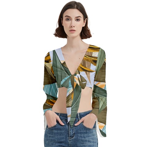 Monstera Palm Leaves Plants Trumpet Sleeve Cropped Top by Paksenen