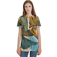 Monstera Palm Leaves Plants Women s Zip Front V-neck Short Sleeve Casual Top Pocket Shirt