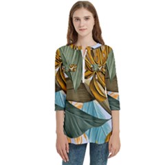 Monstera Palm Leaves Plants Women s Zip Front V-neck 3/4 Sleeve Casual Top Pocket Shirt