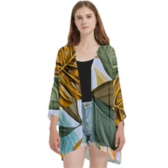 Monstera Palm Leaves Plants Open Front 3/4 Sleeve Batwing Chiffon Cardigan Kimono by Paksenen