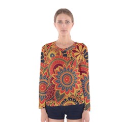 Bright Seamless Pattern With Paisley Mehndi Elements Hand Drawn Wallpaper With Floral Traditional In Women s Long Sleeve T-shirt