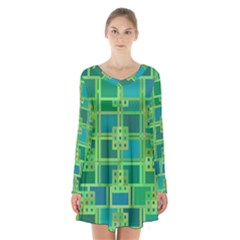 Green Abstract Geometric Long Sleeve Velvet V-neck Dress