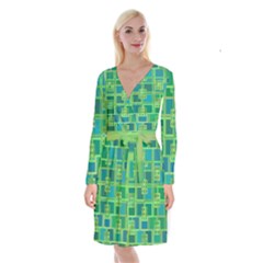 Green Abstract Geometric Long Sleeve Velvet Front Wrap Dress by Ket1n9