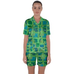 Green Abstract Geometric Satin Short Sleeve Pajamas Set