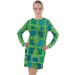 Green Abstract Geometric Long Sleeve Hoodie Dress