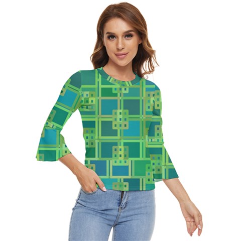 Green Abstract Geometric Bell Sleeve Top by Ket1n9