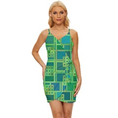 Green Abstract Geometric Wrap Tie Front Dress