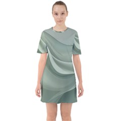 Silky Sage Abstract Elegant Print Design Sixties Short Sleeve Mini Dress by dflcprintsclothing