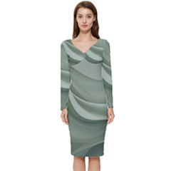 Silky Sage Abstract Elegant Print Design Long Sleeve V-neck Bodycon Dress  by dflcprintsclothing