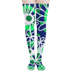 Mazipoodles Love Flowers Navy Green Thigh High Stockings