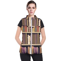 Books Bookshelves Office Fantasy Background Artwork Book Cover Apothecary Book Nook Literature Libra Women s Puffer Vest