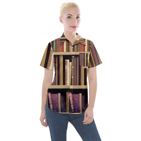 Books Bookshelves Office Fantasy Background Artwork Book Cover Apothecary Book Nook Literature Libra Women s Short Sleeve Pocket Shirt by Posterlux