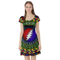 Grateful Dead Bear Pattern Short Sleeve Skater Dress