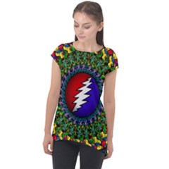 Grateful Dead Bear Pattern Cap Sleeve High Low Top