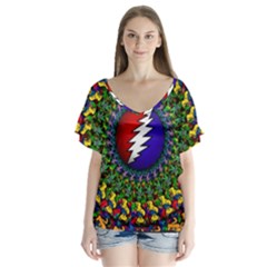 Grateful Dead Bear Pattern V-neck Flutter Sleeve Top