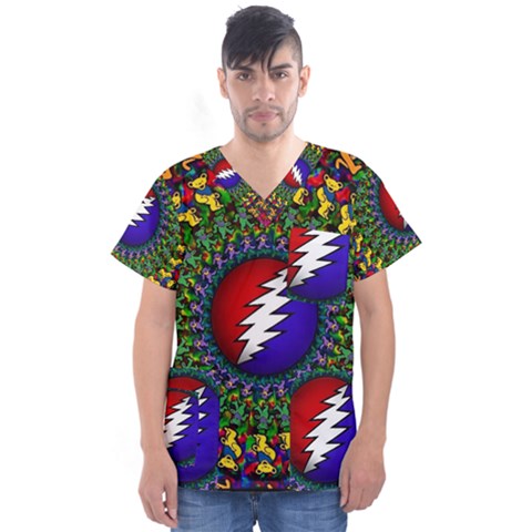 Grateful Dead Bear Pattern Men s V-neck Scrub Top by Maspions