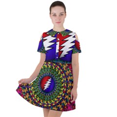 Grateful Dead Bear Pattern Short Sleeve Shoulder Cut Out Dress 