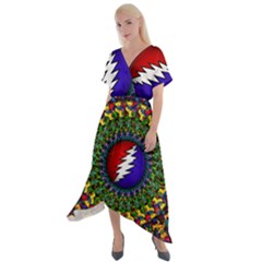 Grateful Dead Bear Pattern Cross Front Sharkbite Hem Maxi Dress