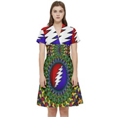 Grateful Dead Bear Pattern Short Sleeve Waist Detail Dress