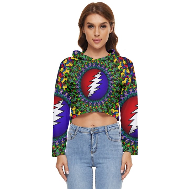 Grateful Dead Bear Pattern Women s Lightweight Cropped Hoodie