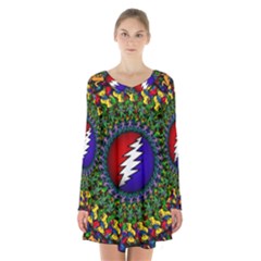 Grateful Dead Bear Pattern Long Sleeve Velvet V-neck Dress