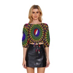 Grateful Dead Bear Pattern Mid Sleeve Drawstring Hem Top