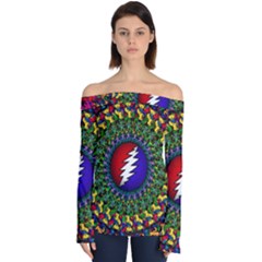 Grateful Dead Bear Pattern Off Shoulder Long Sleeve Top