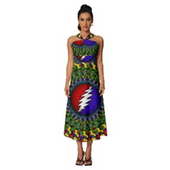 Grateful Dead Bear Pattern Sleeveless Cross Front Cocktail Midi Chiffon Dress