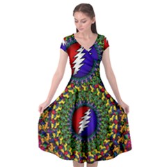 Grateful Dead Bear Pattern Cap Sleeve Wrap Front Dress