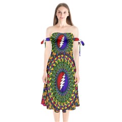 Grateful Dead Bear Pattern Shoulder Tie Bardot Midi Dress