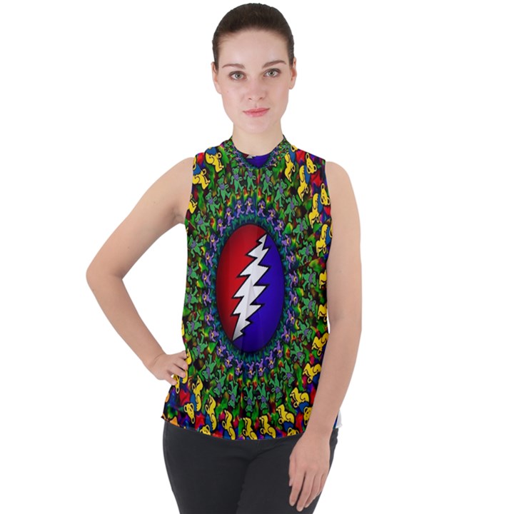 Grateful Dead Bear Pattern Mock Neck Chiffon Sleeveless Top