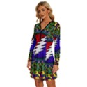 Grateful Dead Bear Pattern Long Sleeve Deep V Mini Dress  View2