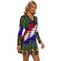 Grateful Dead Bear Pattern Long Sleeve Deep V Mini Dress  View3