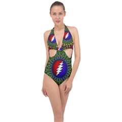 Grateful Dead Bear Pattern Halter Front Plunge Swimsuit