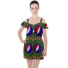 Grateful Dead Bear Pattern Ruffle Cut Out Chiffon Playsuit