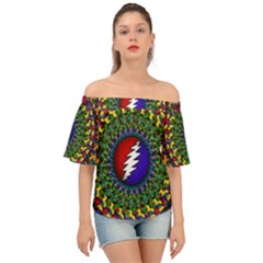 Grateful Dead Bear Pattern Off Shoulder Short Sleeve Top