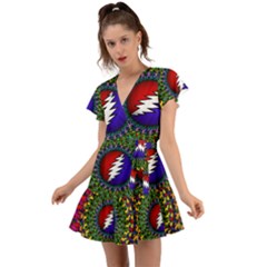 Grateful Dead Bear Pattern Flutter Sleeve Wrap Dress