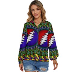 Grateful Dead Bear Pattern Women s Long Sleeve Button Up Shirt