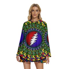 Grateful Dead Bear Pattern Round Neck Long Sleeve Bohemian Style Chiffon Mini Dress