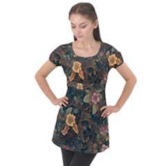 Floral Seamless Pattern Decorative Puff Sleeve Tunic Top by Paksenen