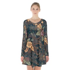 Floral Seamless Pattern Decorative Long Sleeve Velvet V-neck Dress