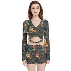 Floral Seamless Pattern Decorative Velvet Wrap Crop Top And Shorts Set by Paksenen