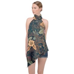 Floral Seamless Pattern Decorative Halter Asymmetric Satin Top by Paksenen