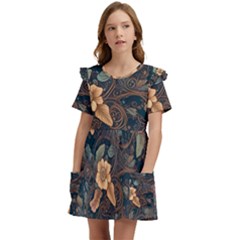 Floral Seamless Pattern Decorative Kids  Frilly Sleeves Pocket Dress by Paksenen