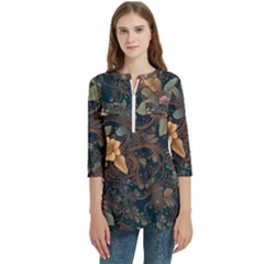 Floral Seamless Pattern Decorative Women s Zip Front V-neck 3/4 Sleeve Casual Top Pocket Shirt