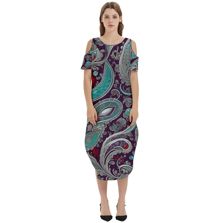 Seamless Pattern Paisley Decorative Cold Shoulder Loose Fit Dress With Pockets