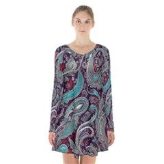 Seamless Pattern Paisley Decorative Long Sleeve Velvet V-neck Dress