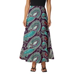 Seamless Pattern Paisley Decorative Tiered Ruffle Maxi Skirt by Paksenen