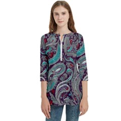 Seamless Pattern Paisley Decorative Women s Zip Front V-neck 3/4 Sleeve Casual Top Pocket Shirt