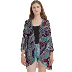 Seamless Pattern Paisley Decorative Open Front 3/4 Sleeve Batwing Chiffon Cardigan Kimono